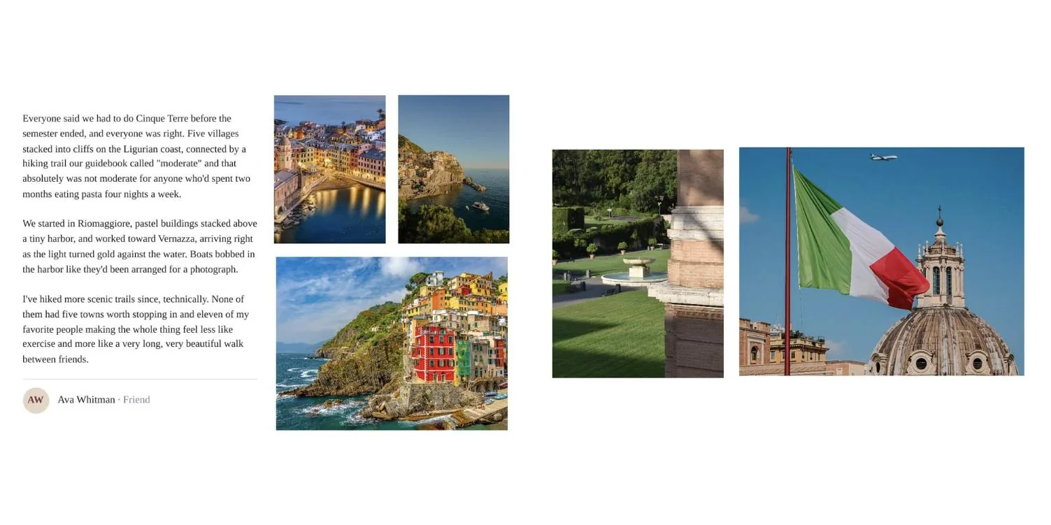 An open book: a story about Cinque Terre with three photos on the left, two photos on the right