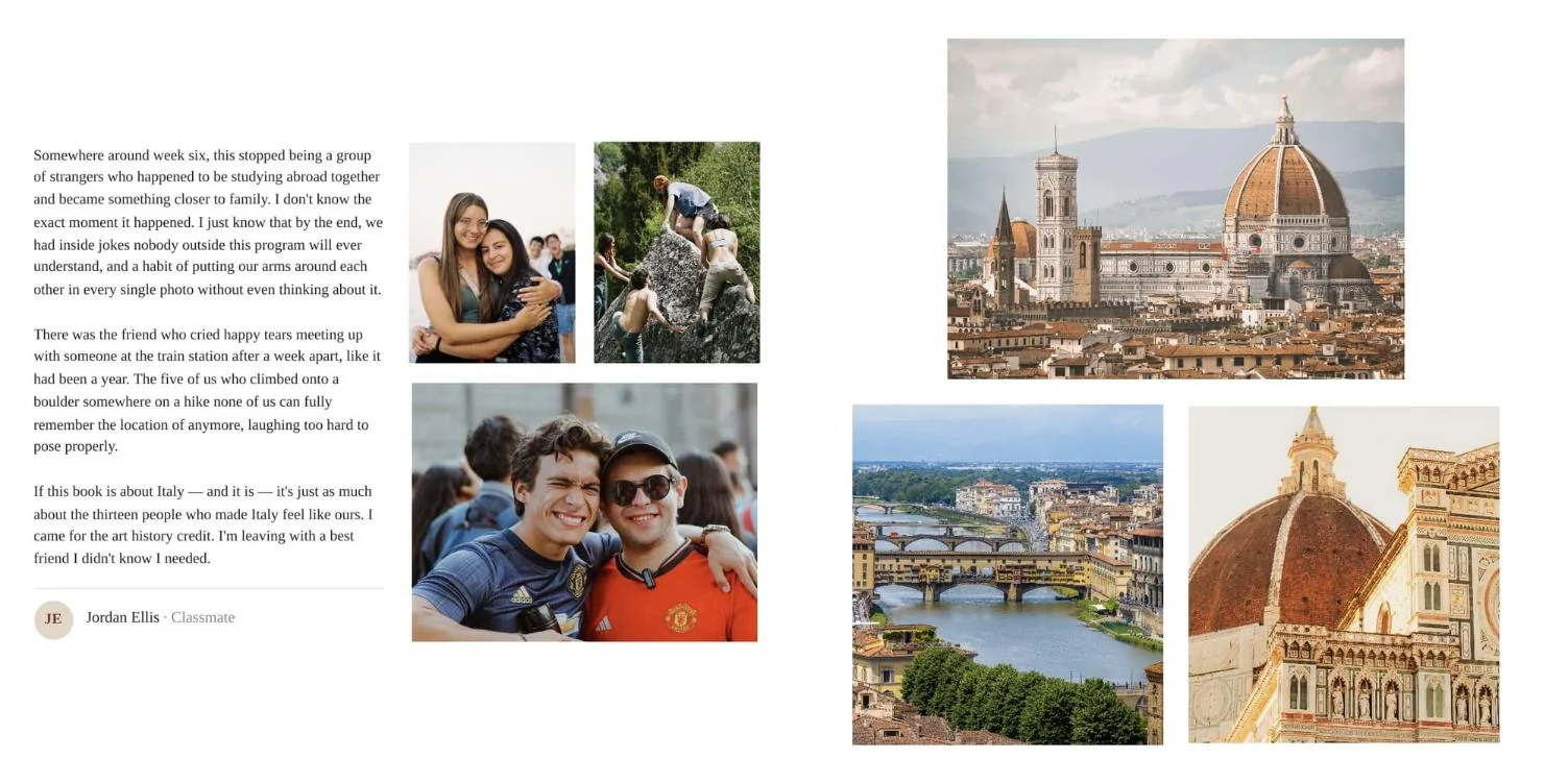 An open book: a classmate's story with three photos on the left, a page of Florence photos on the right
