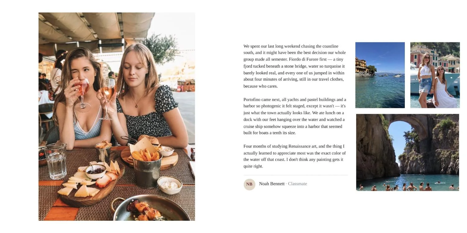 An open book: a full-page photo of two friends at a table on the left, a story with three photos on the right