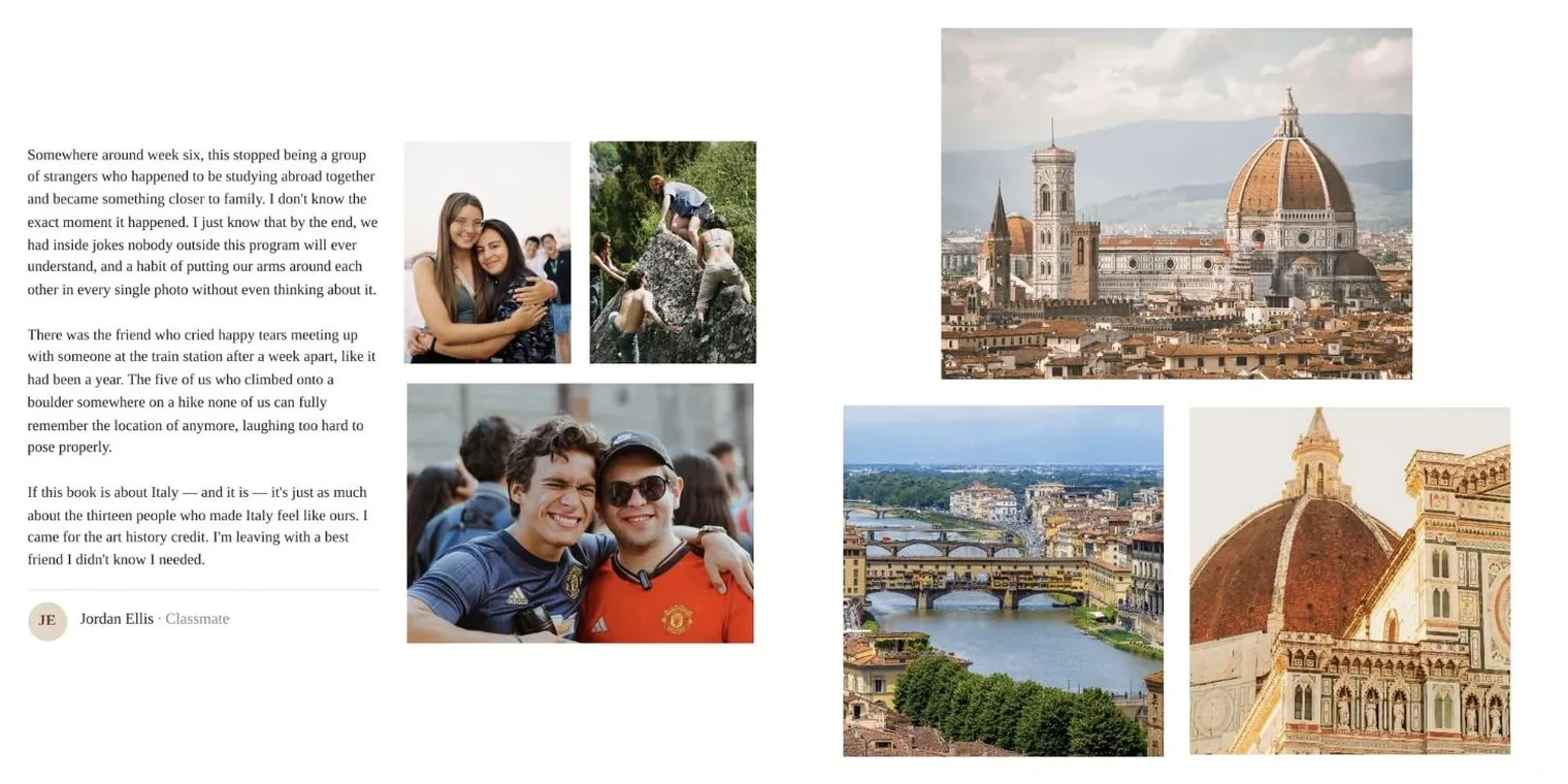 An open book: a classmate&rsquo;s story with three photos on the left, a page of Florence photos on the right