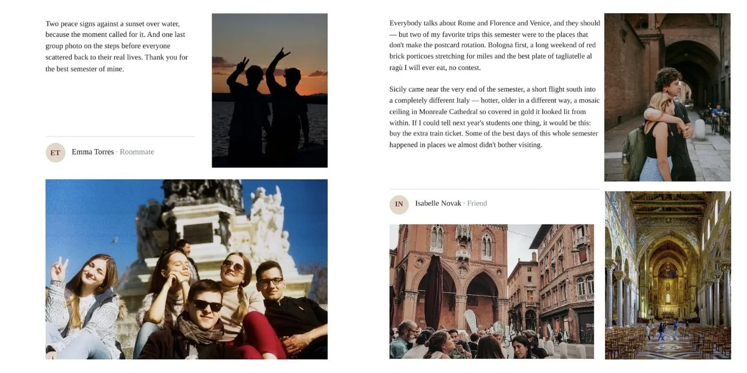 An open book with two friends&rsquo; short stories and photos, one on each page
