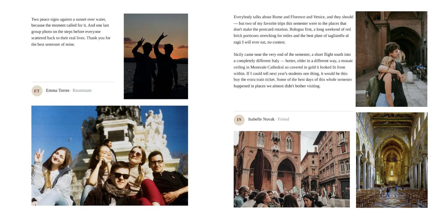 An open book with two different friends' short stories and photos, one on each page