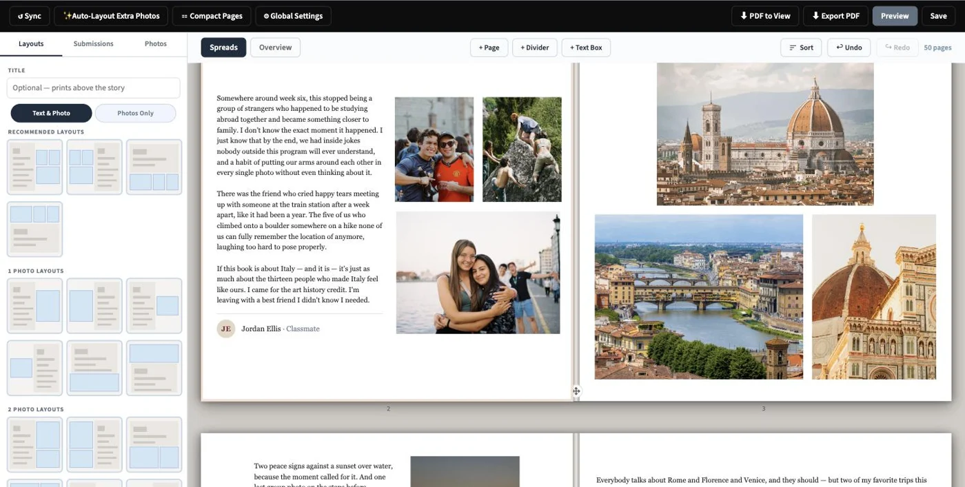 The Memory Booked editor showing a two-page spread of the Italy Study Abroad book, with page layout choices on the left