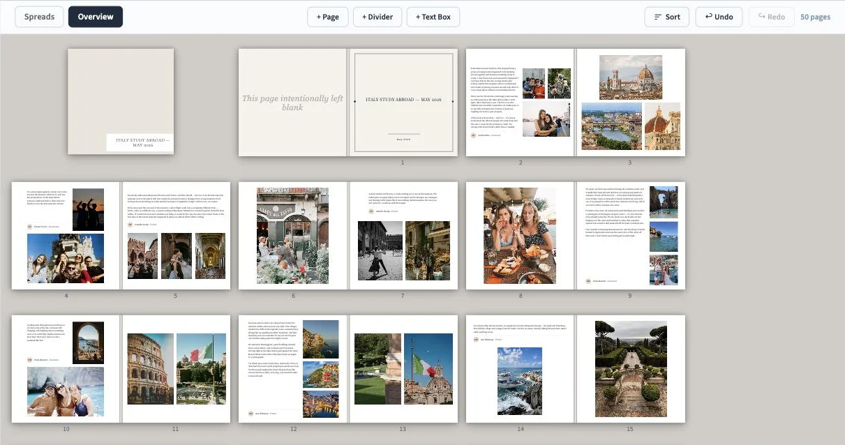 The editor's overview of the Italy Study Abroad book, showing every spread