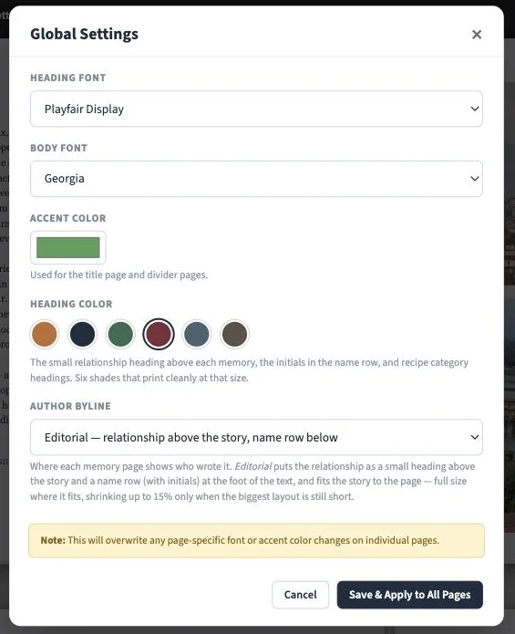 Global Settings with heading font, body font, accent and heading colors, and author byline choices