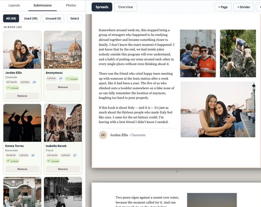 The Submissions panel listing each contributor with their photos and the page they appear on