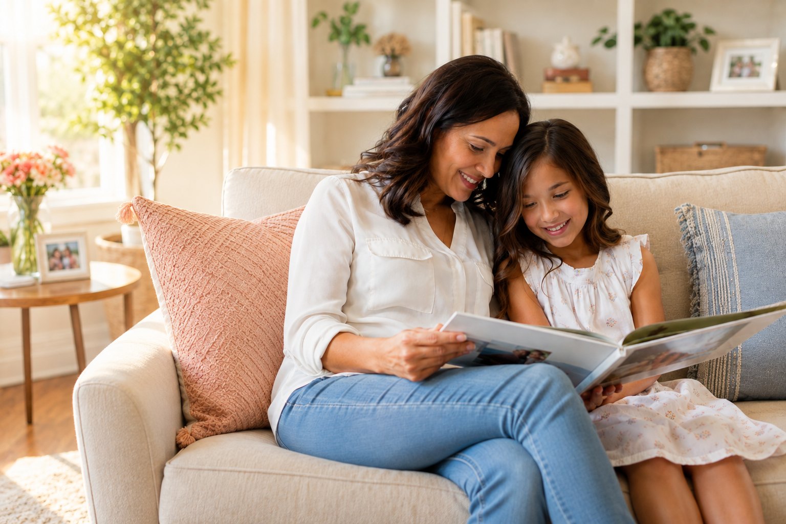 A mother and her young daughter sitting close together on a couch, smiling as they page through a printed photobook