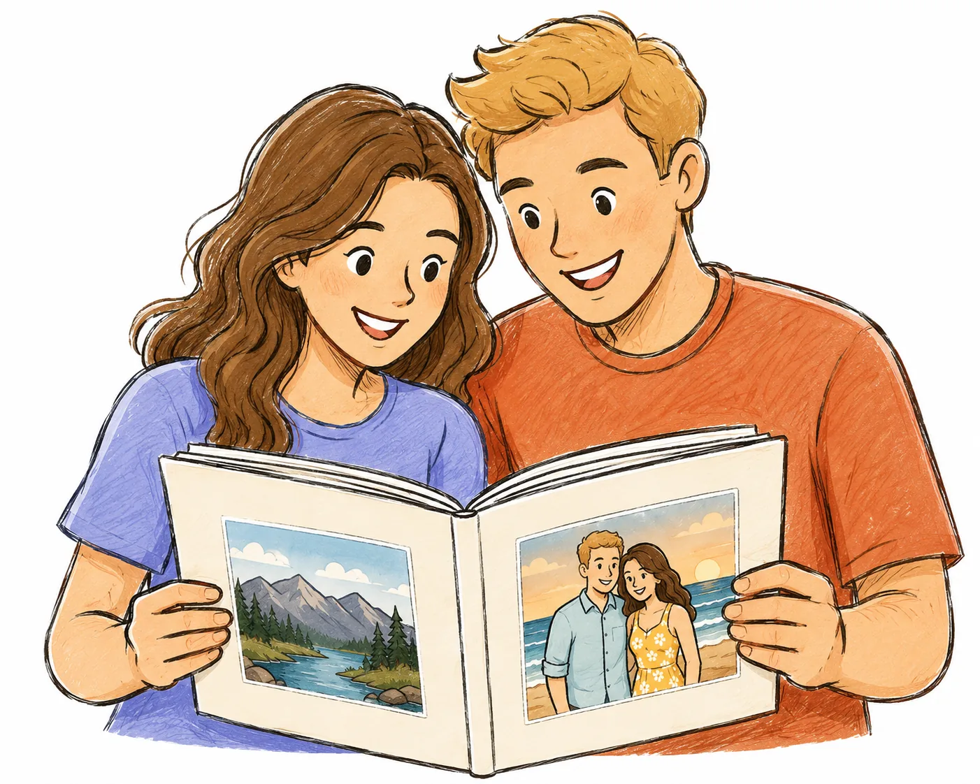 A couple smiling as they look through their finished memory book together